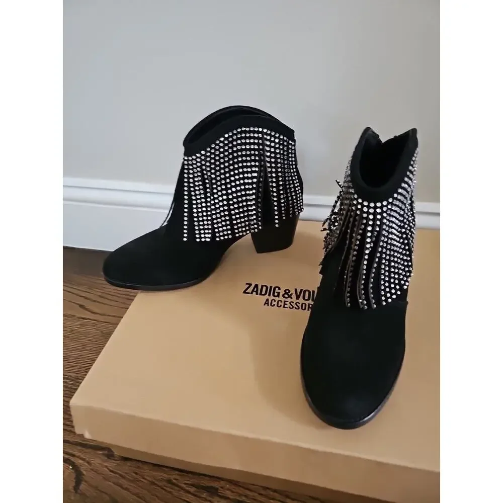 Zadig & Voltaire Molly Strass Crystal Fringe Ankle Boots Black Suede $568, Sz 36
